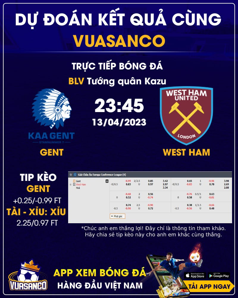 Soi kèo C3: Gent vs West Ham United 23h45 – 13/04
