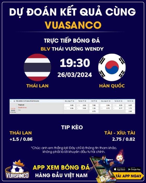 Soi kèo Thái Lan vs Hàn Quốc – 19h30 – 26/03 – VL World Cup