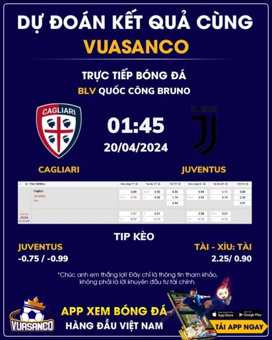 Soi kèo Cagliari vs Juventus – 01h45 – 20/04 – Serie A