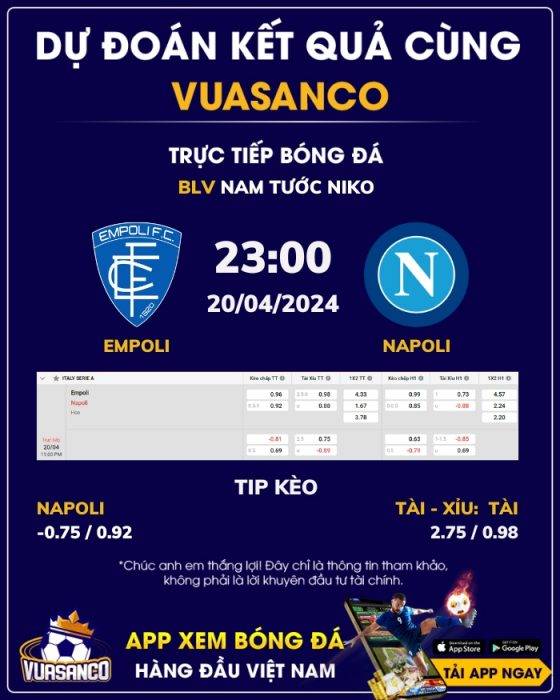 Soi kèo Empoli vs Napoli – 23h00 – 20/04 – Serie A