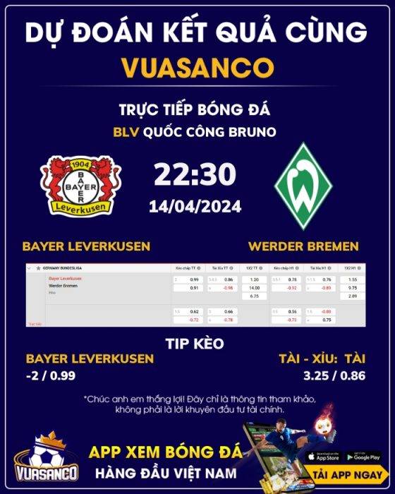Soi kèo Bayer Leverkusen vs Werder Bremen – 22h30 – 14/04 – Bundesliga