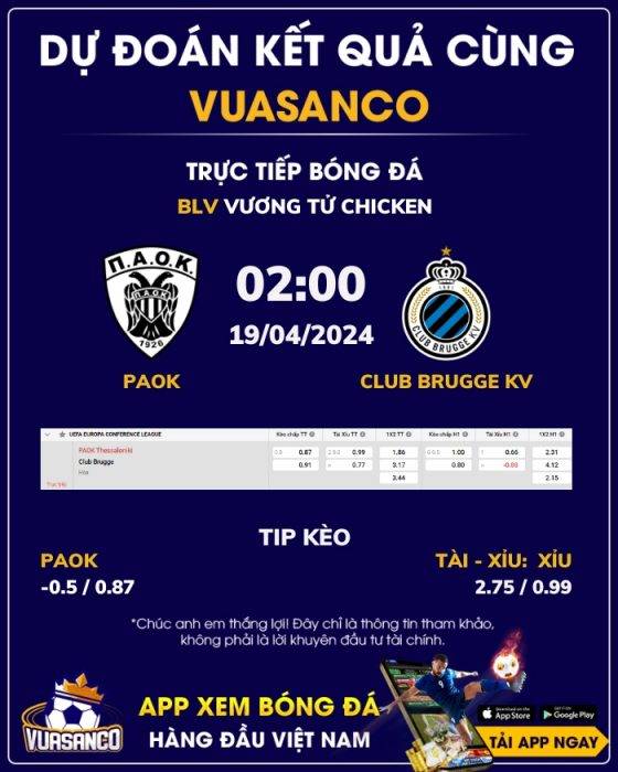 Soi kèo PAOK vs Club Brugge KV – 02h00 – 19/04 – Europa Conference