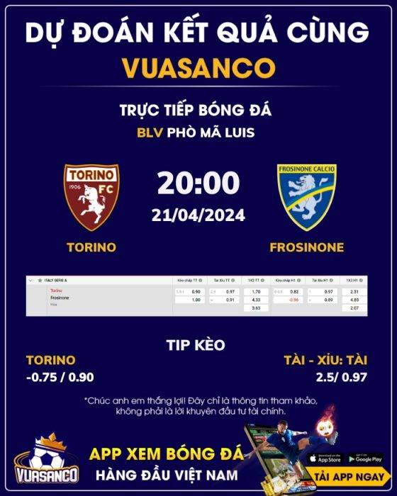 Soi kèo Torino vs Frosinone – 20h00 – 21/04 – Serie A